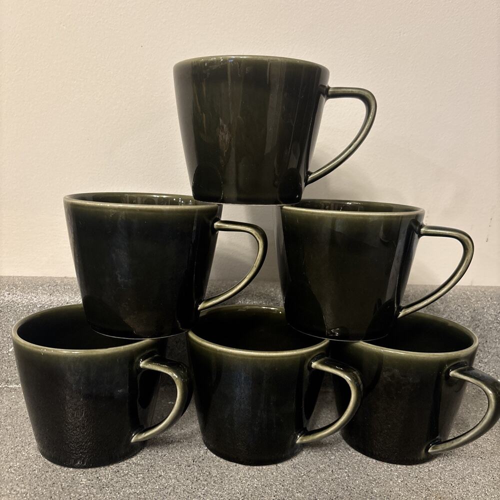 Crate & Barrel Ceramic Dark Green Glossy Shiny Mug Coffee Cup Set Of 6